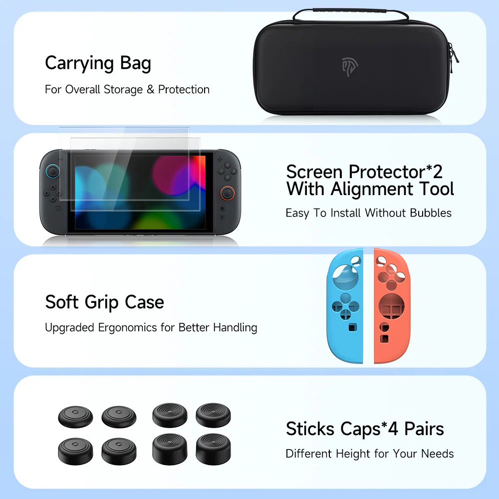 EasySMX® 4-in-1 Bundle: Carrying Bag, Screen Protector, Sticks Caps, Joy-Con Cover for Switch 2 - Image 2